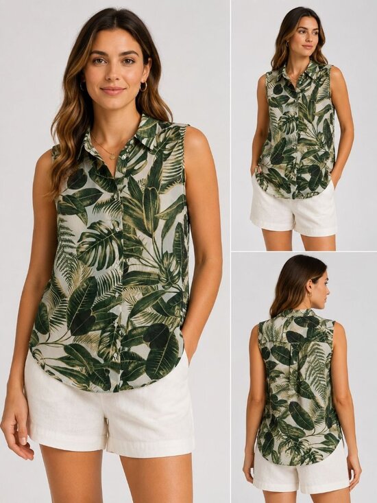 H&M Tops - H & M Tropical Leaf Print Sleeveless Button-Up Womens Blouse Green Size 4